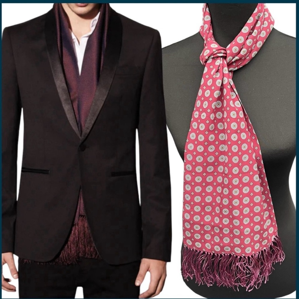 Peimin Maroon Blue Medallion Print 100% Silk Narrow Fringe Scarf (9"x46")